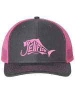 Load image into Gallery viewer, Jelifish USA Embroidered Richardson 112 Trucker Hat in Charcoal / Neon Pink

