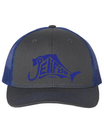 Load image into Gallery viewer, Jelifish USA Embroidered Richardson 112 Trucker Hat in Charcoal / Royal Blue
