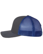 Load image into Gallery viewer, Jelifish USA Embroidered Richardson 112 Trucker Hat in Charcoal / Royal Blue
